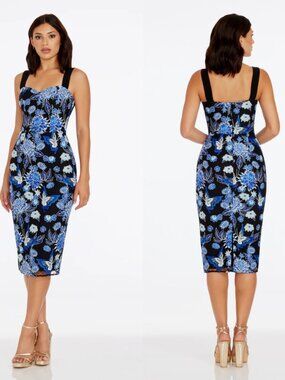 Dress the Population Nicole Black Blue Butterfly Floral Lace Dress Size M NEW